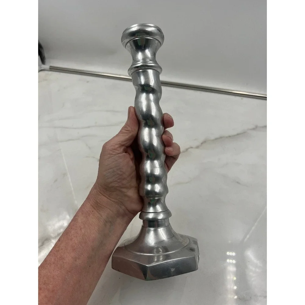 Vintage Pewter Barley Twist Candlestick Holder Hexagon Base 9.25 Inch Silver